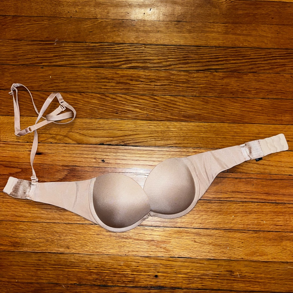 beige feline strapless bra 32b + maroon ABS bralette S
